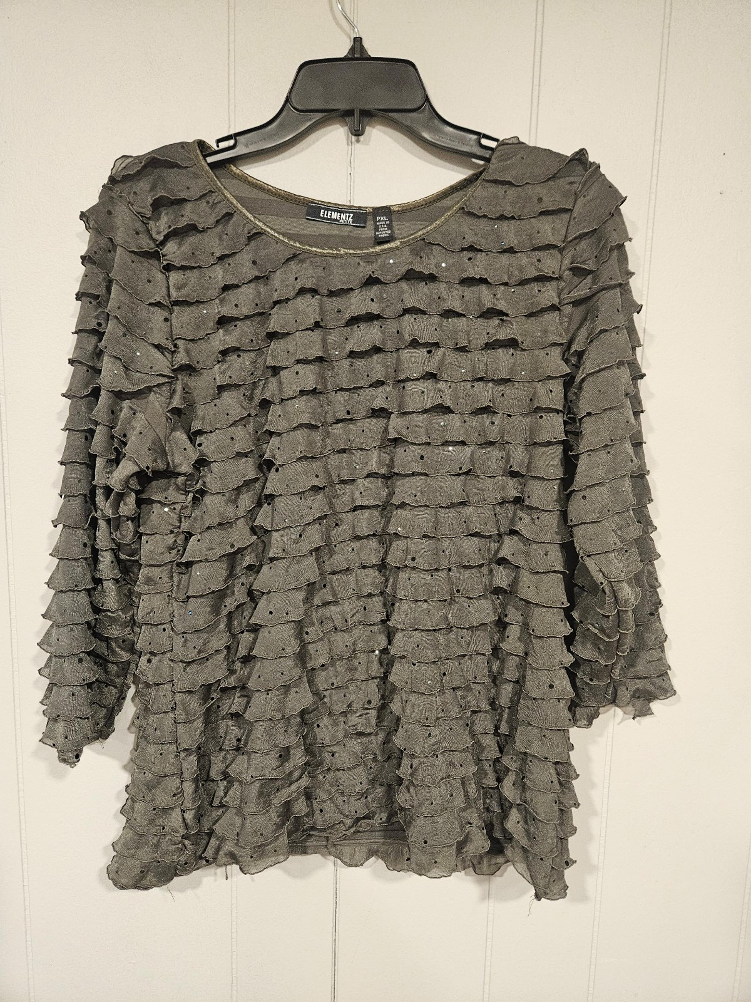 ELEMENTZ Women’s Pullover Blouse Black Ruffled Layered Silver Sequins Petite XL