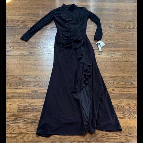 Betsy & Adam NWT Elegant Black Evening Gown, Ruffle in front, sheer sleeves, 2