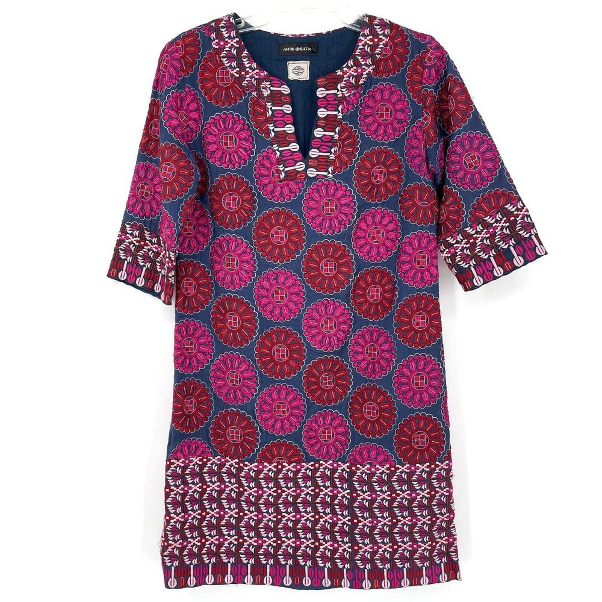 Antik Batik Embroidered Boho Bohemian Tunic Dress Size S 38 Blue Floral Lined