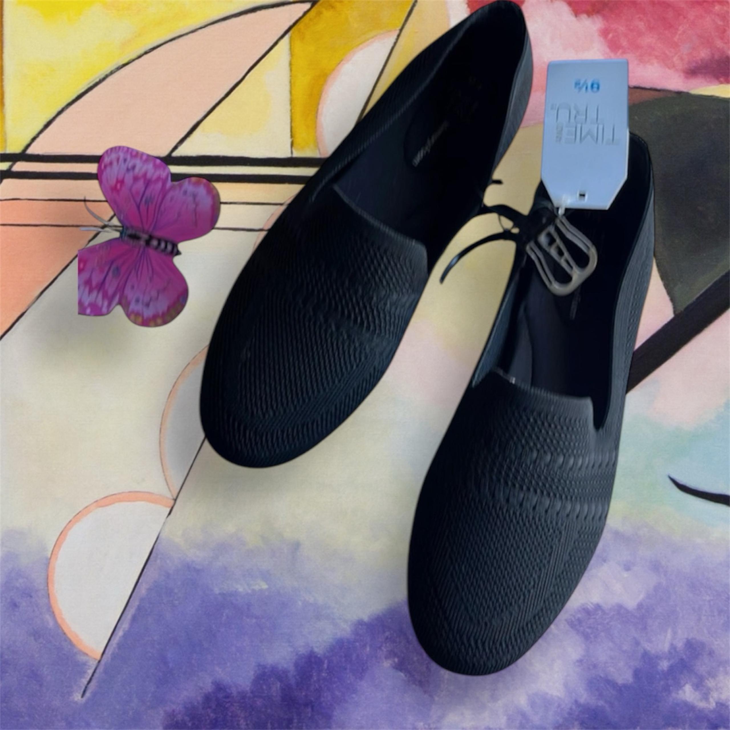 TIME and TRU BLACK SLIP ON SHOES RUBBER BOTTOMS BNWT