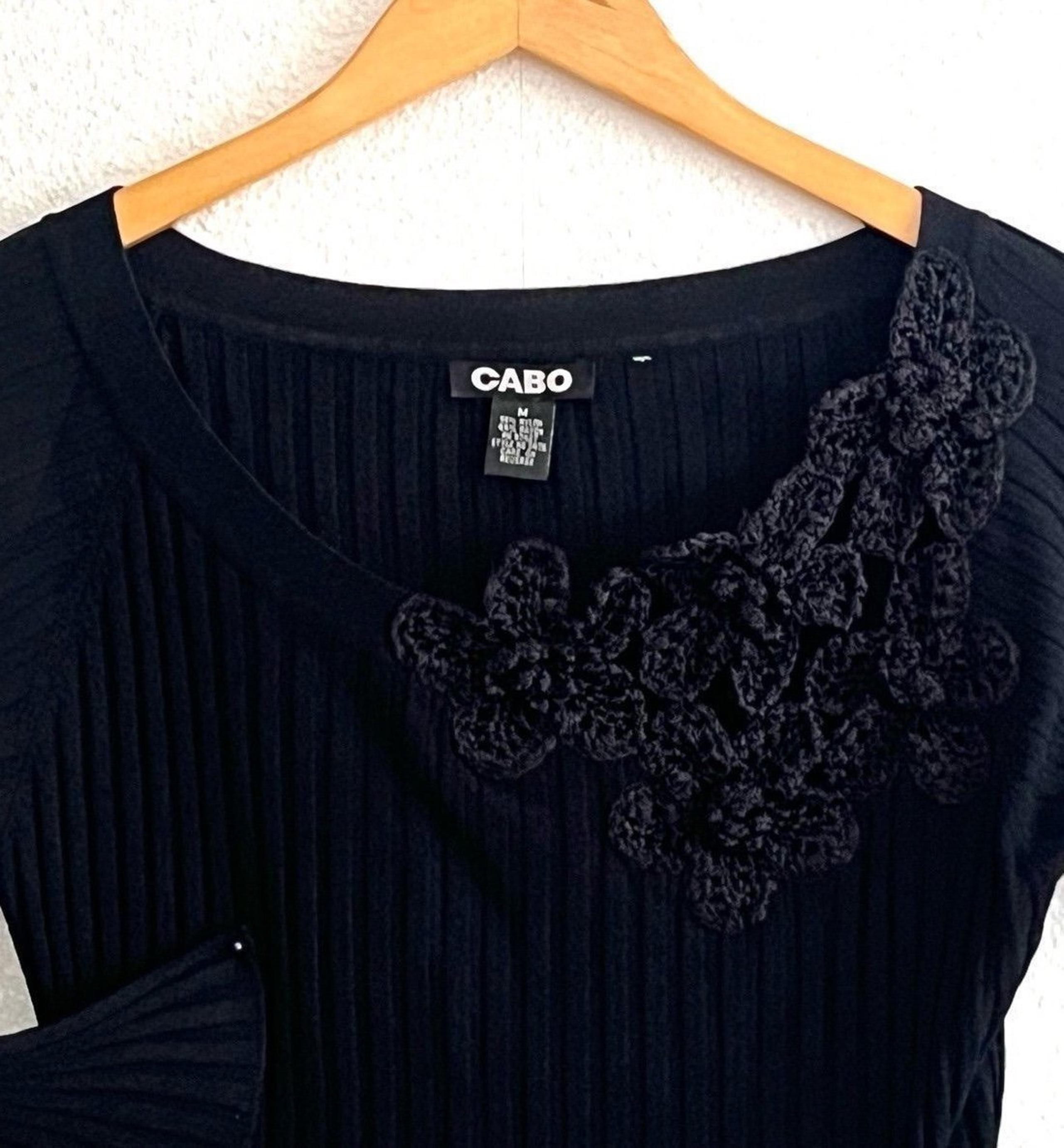 CABO Black Ribbed Rosette Sweater Top Embroidered Florals Boho Womens M