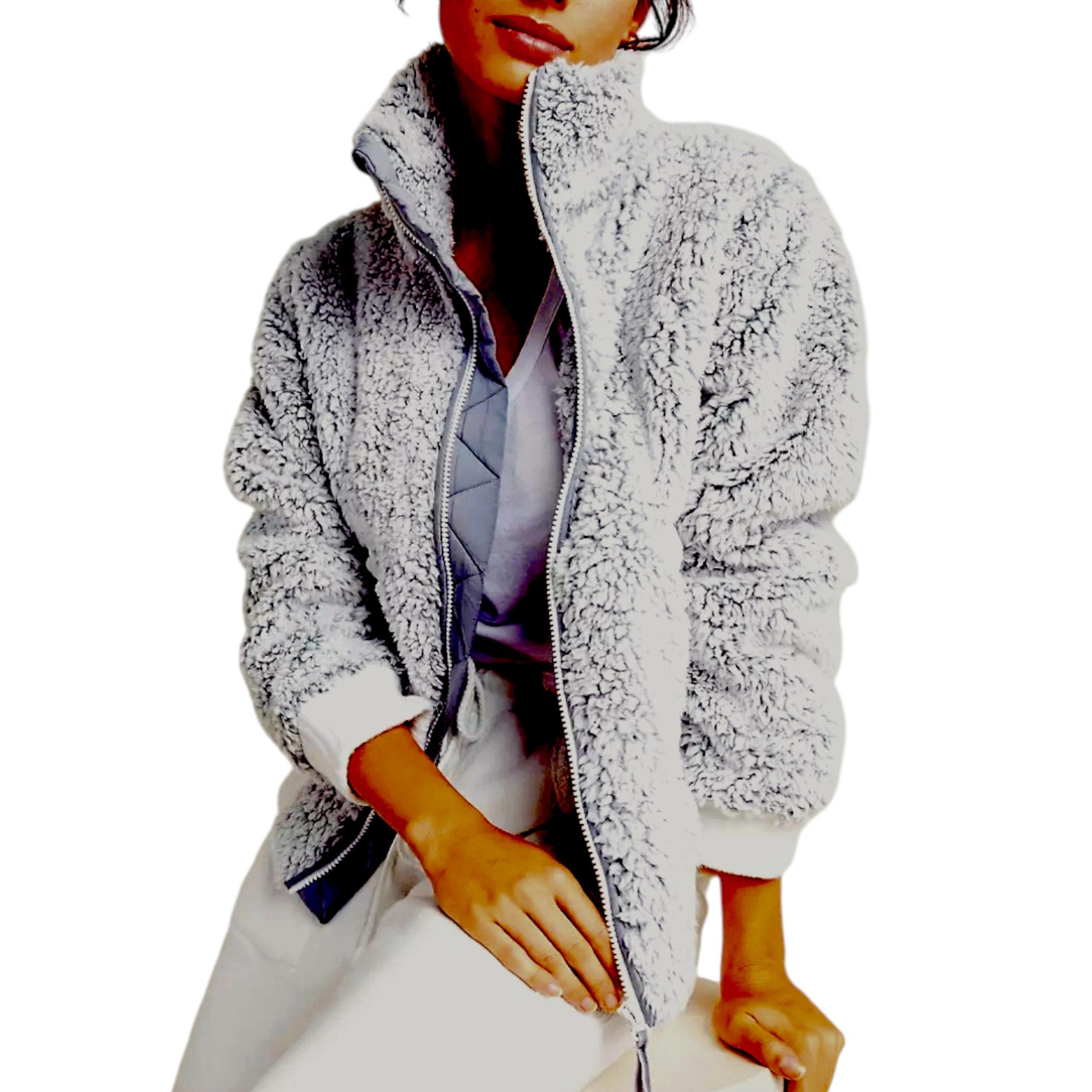Anthropologie Sherpa Bomber Jacket XL Womens Gray White Pockets Teddy Fleece