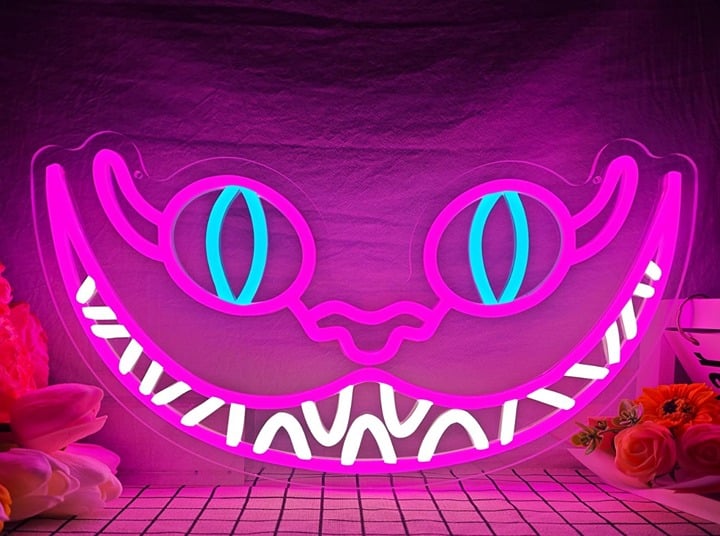 Creepy Bright Pink Chesire Kitty Cat Smile Light Alice in Wonderland Wall Decor
