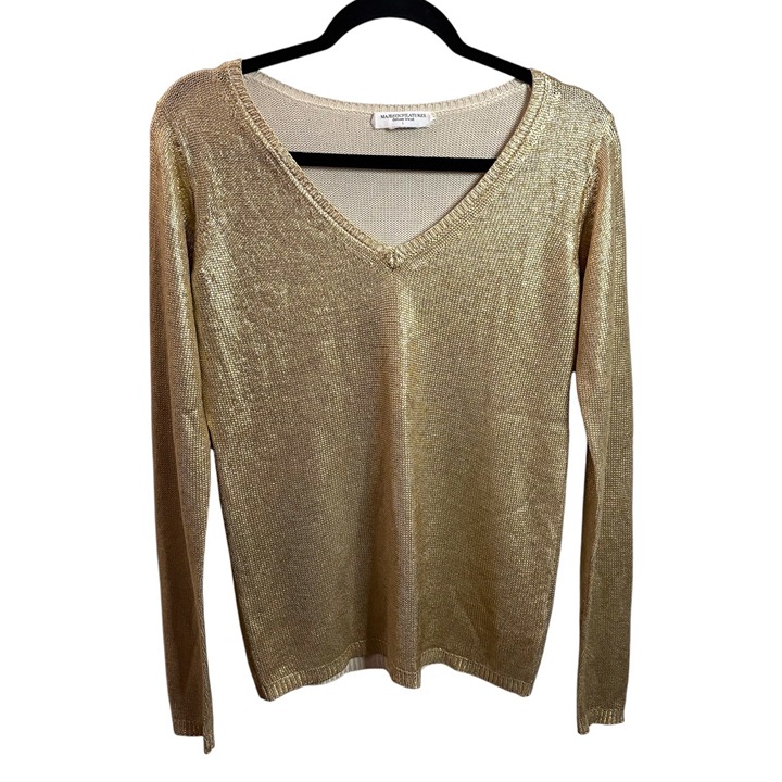 NWT MAJESTIC FILATURES Gold Metallic 100% Silk V-Neck Sweater 1 XS Shiny Shimmer