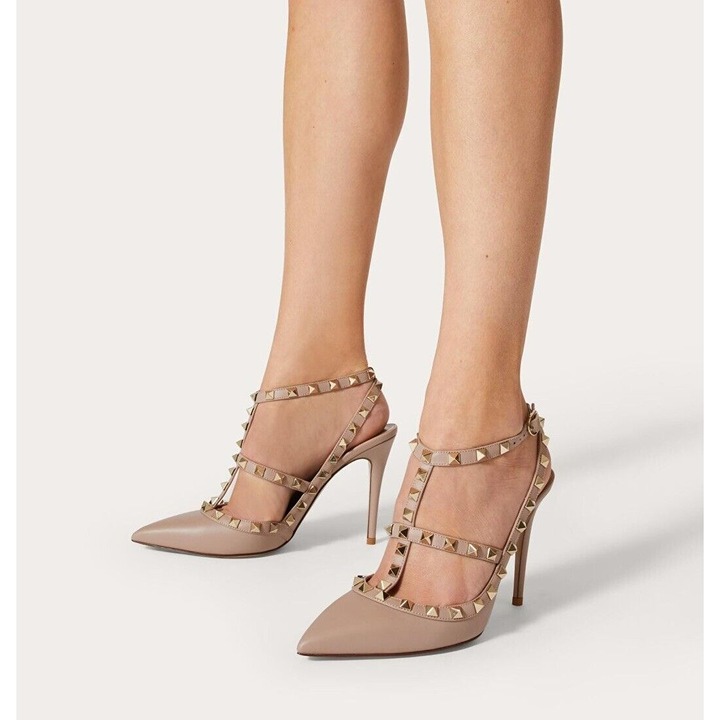 Valentino Rockstud Ankle Strap Pumps 100 Heel Poudre LeatherEU 36