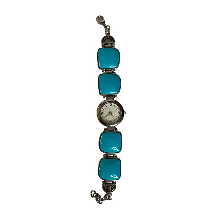 Vintage Turquoise & Silver Tone Square Link Bracelet Watch With Lobster Clasp