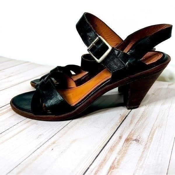 Trask Black Leather Strappy Heeled Sandals