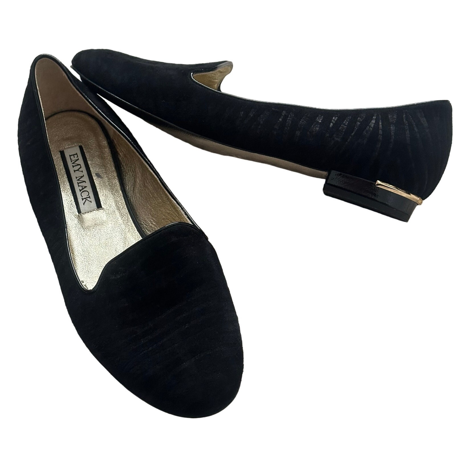 Emy Mack Size 7.5 Solaris Black Suede Leather Zebra Loafer Gold Heel Mule
