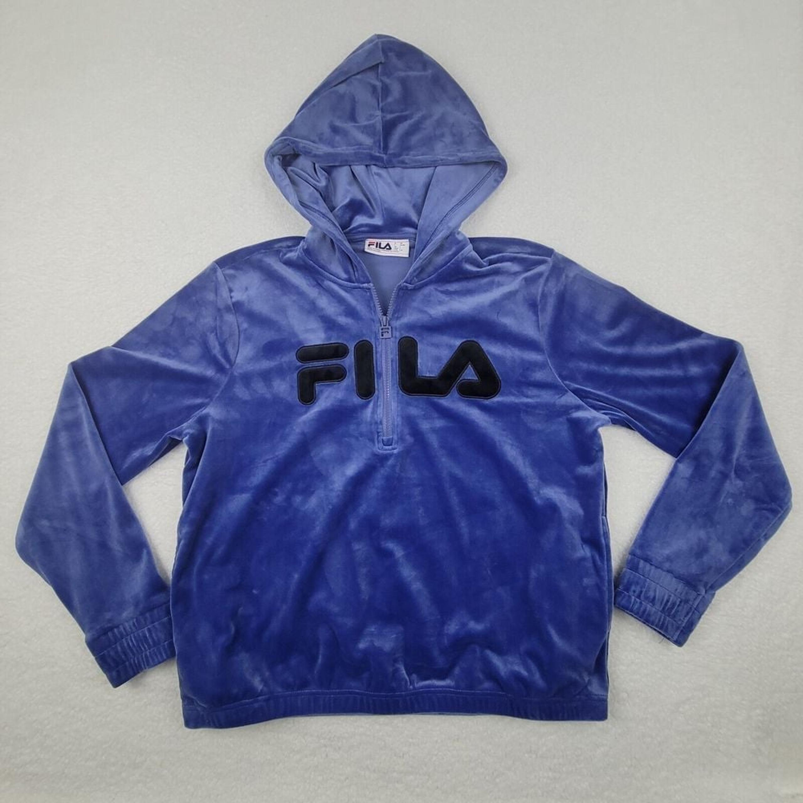 FILA Purple Velour 1/4 Zip Pullover Hoodie Womens US Large L Poly Spandex Blend