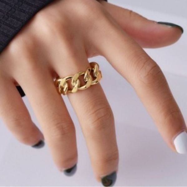925 Sterling Silver Cuban Link Chunky Adjustable Chain Ring Gold Plated