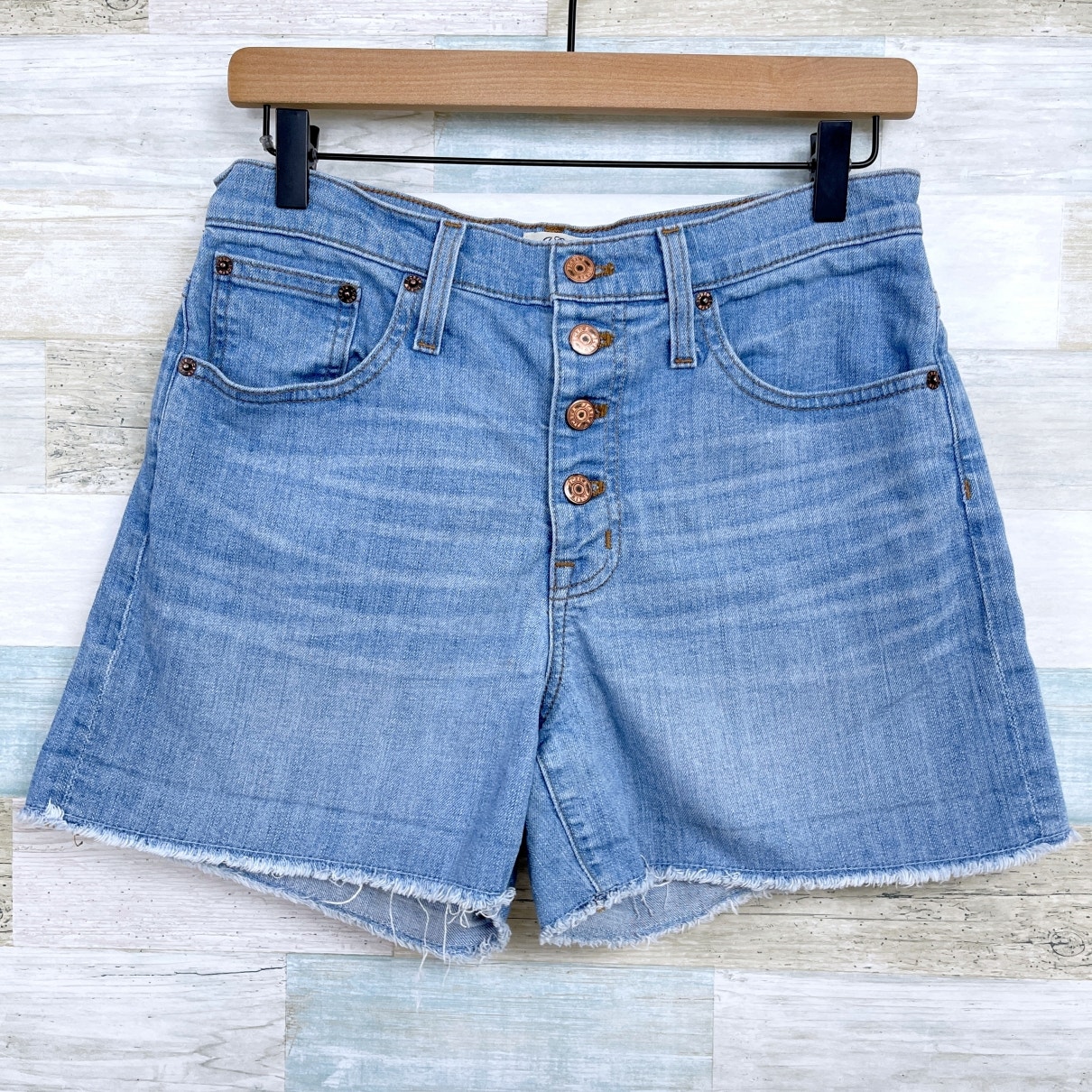 J Crew Denim Button Fly Cut Off Denim Shorts Blue Light Wash High Rise Womens 27