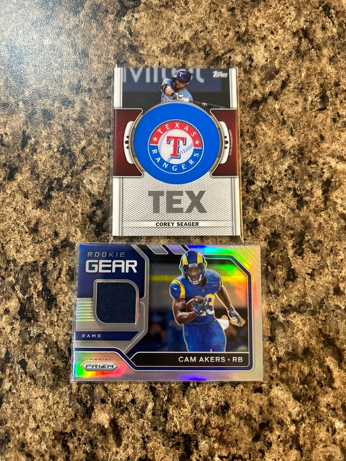 Cam Akers rookie gear prizm fusion card .Corey Seager team relic card.