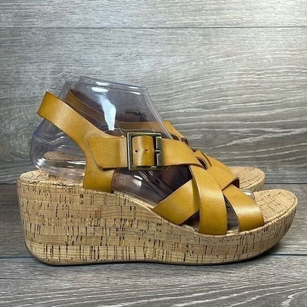 Korks by Kork-Ease Nova Yellow Mustard Womens Sz 9M Slingback Strap Wedge Sandal