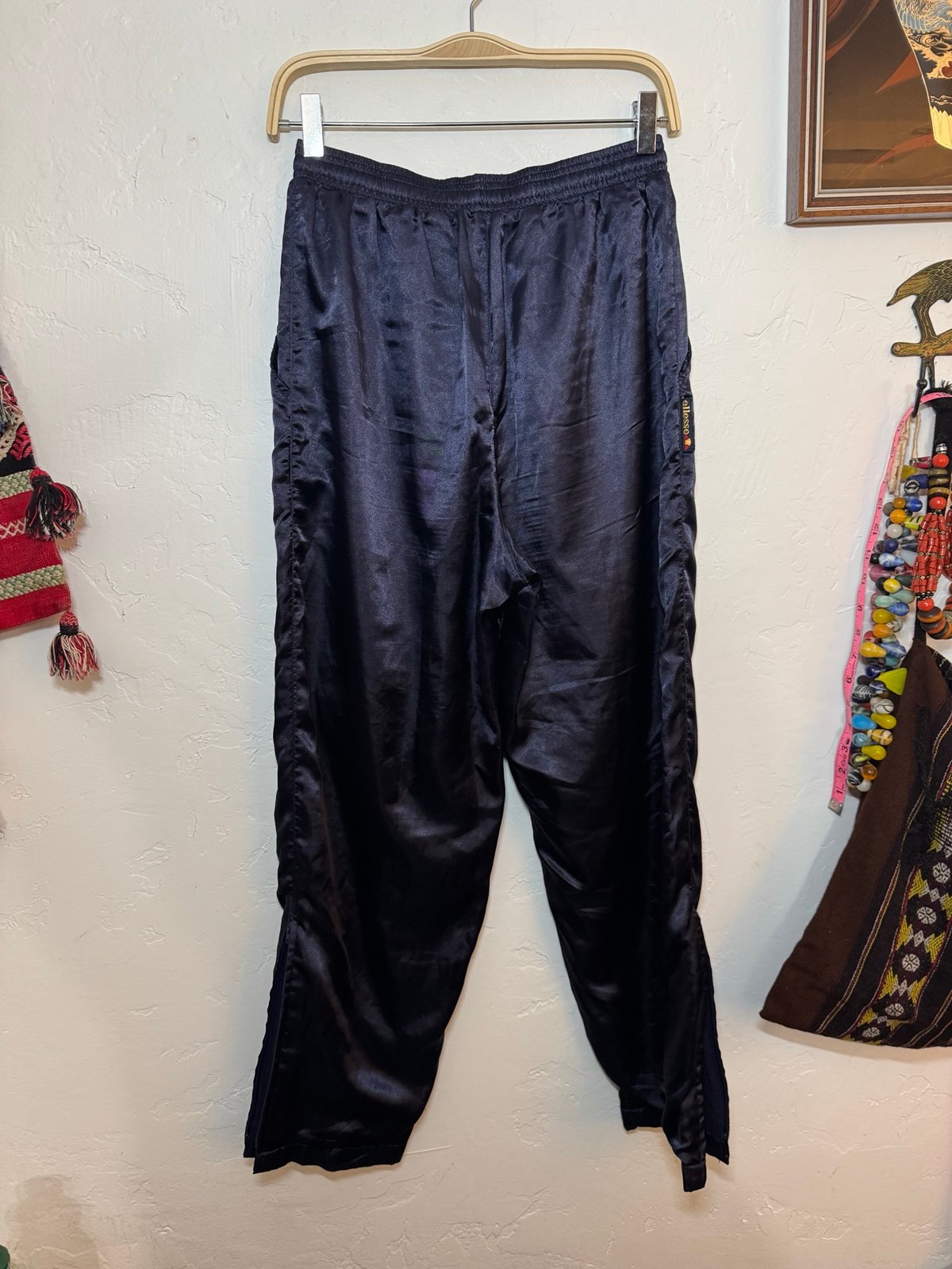 VINTAGE ELLESSE WARM UP TENNIS PANTS SZ 2 NAVY BLUE LINED DRAWSTRING LEG ZIPPERS