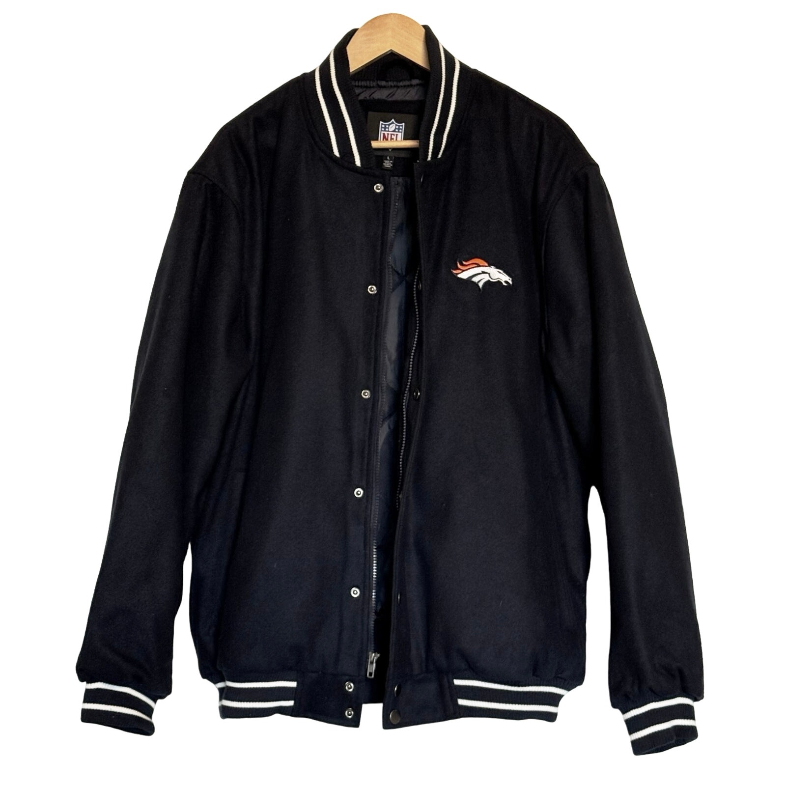 NFL Denver Broncos Wool Blend Varsity Bomber Jacket Navy Blue Mens Size L