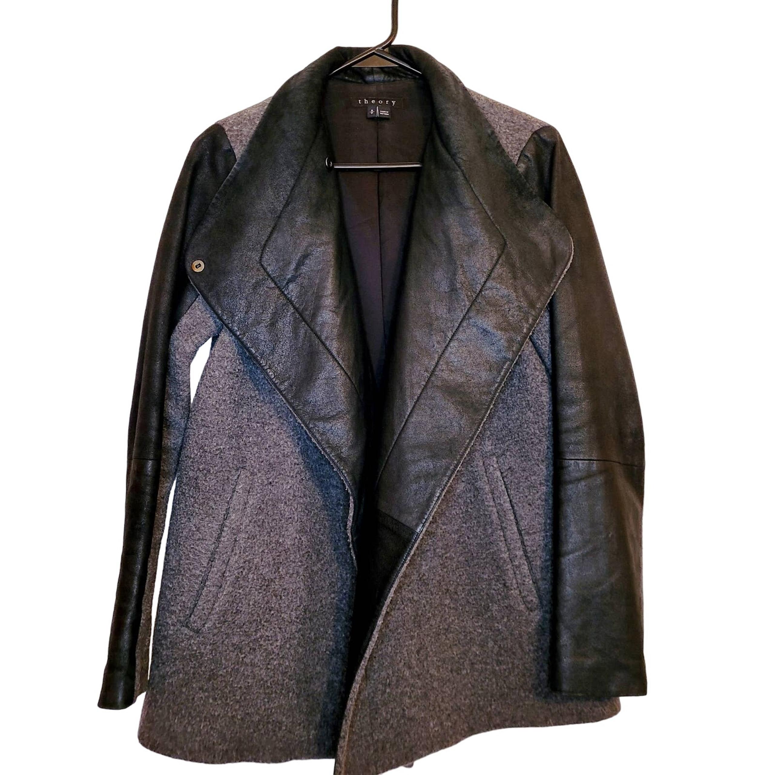 Theory Naomo womens grey wool and black leather snap front coat size small