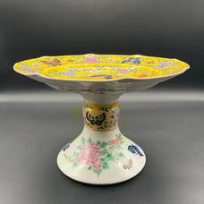 Antique Japanese Fukagawa Arita Enameled Yellow Ground Porcelain High Foot Plate