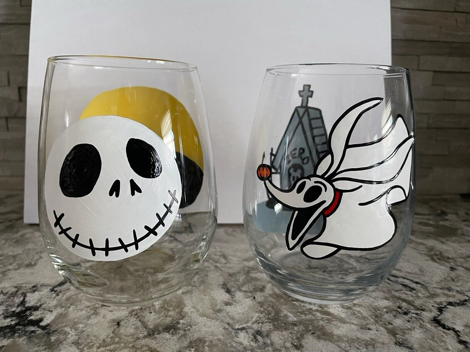 Nightmare Before Christmas Jack And Zero Hand-Painted Stemless Wine Glasses