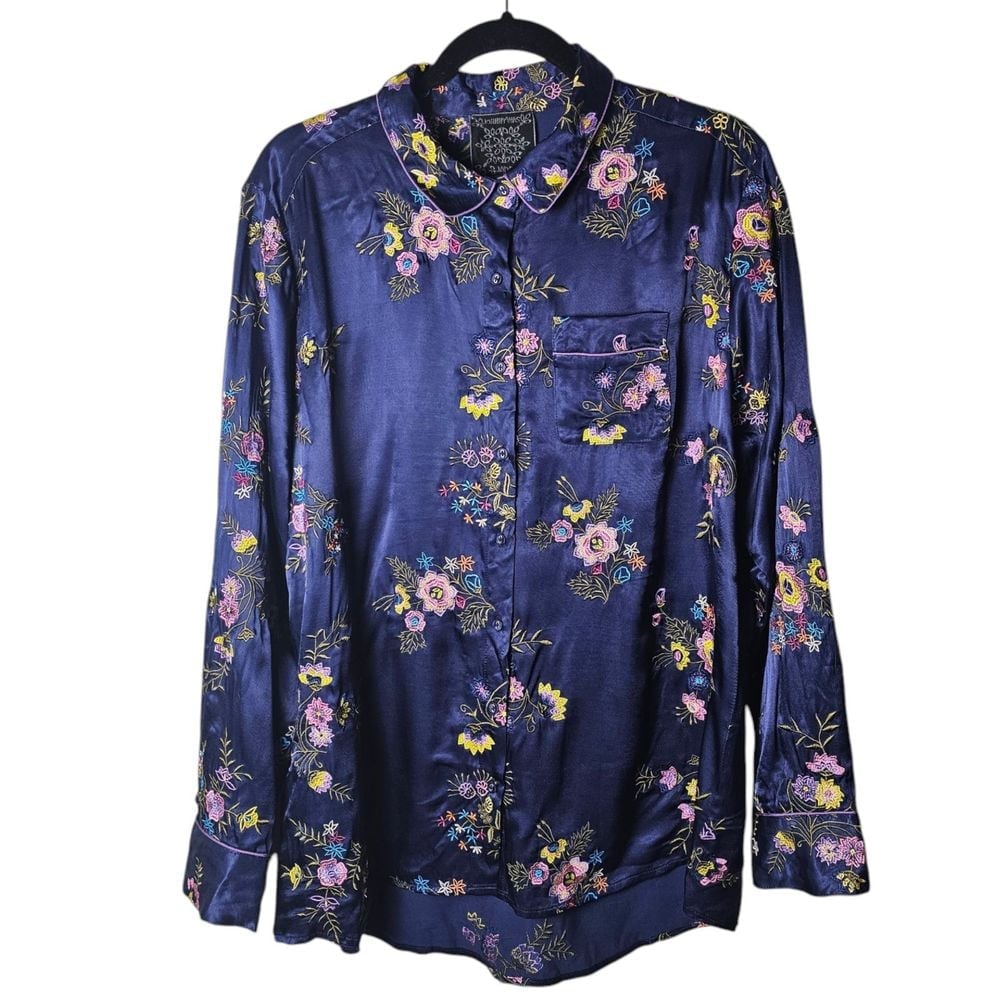Johnny Was XL Blue Embroidered Button Up Top Pajama Satin Floral Boho Bohemian
