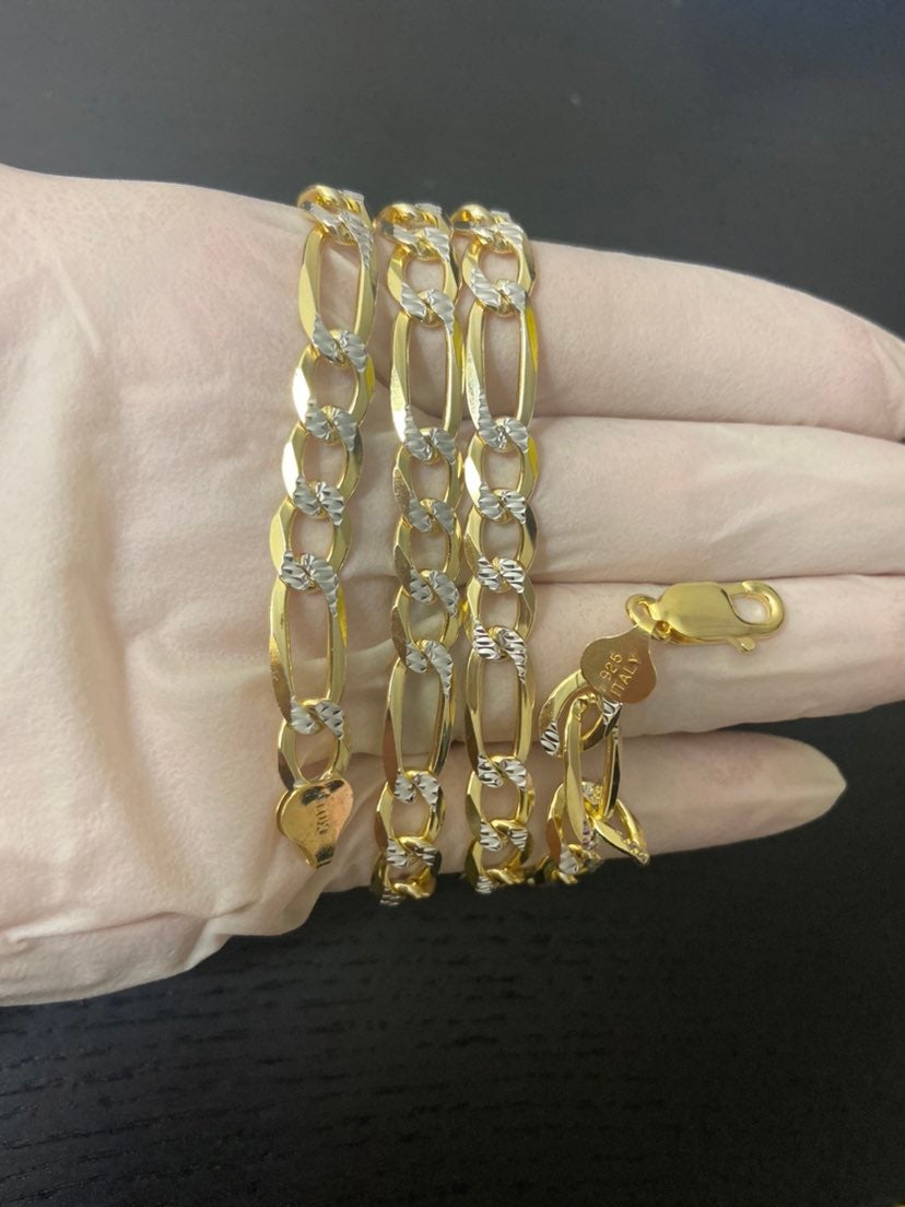 20”8mm 14k gold/925 diamond cut figaro chain necklace