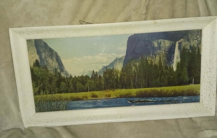 Vintage 25x13" Gold Speckled White Lg Rectangle Frame & Glass Yosemite Print Art