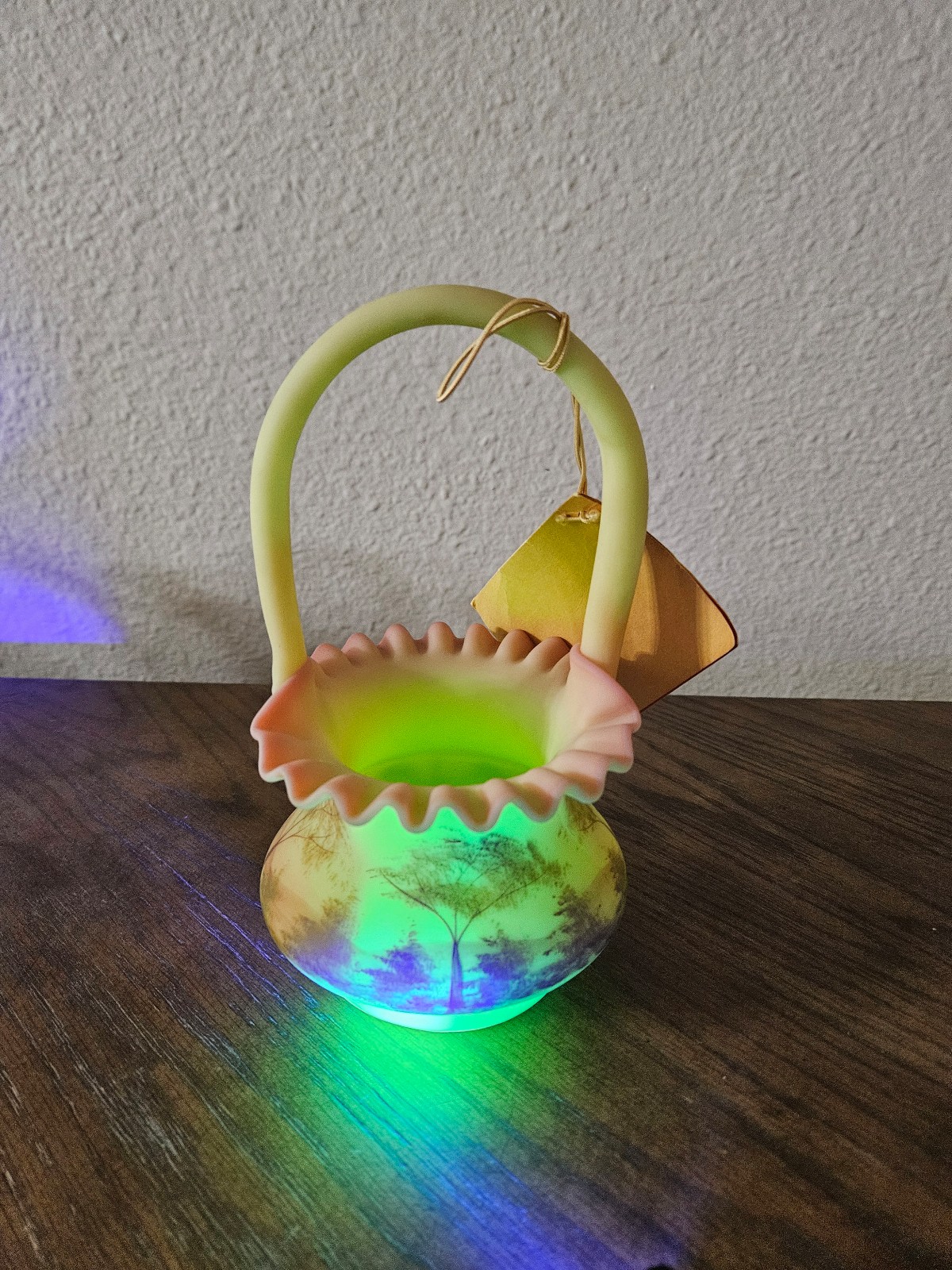 Fenton Burmese Glass Basket ~ Hand Painted by Gloria Finn ~ Vintage Fenton Art G