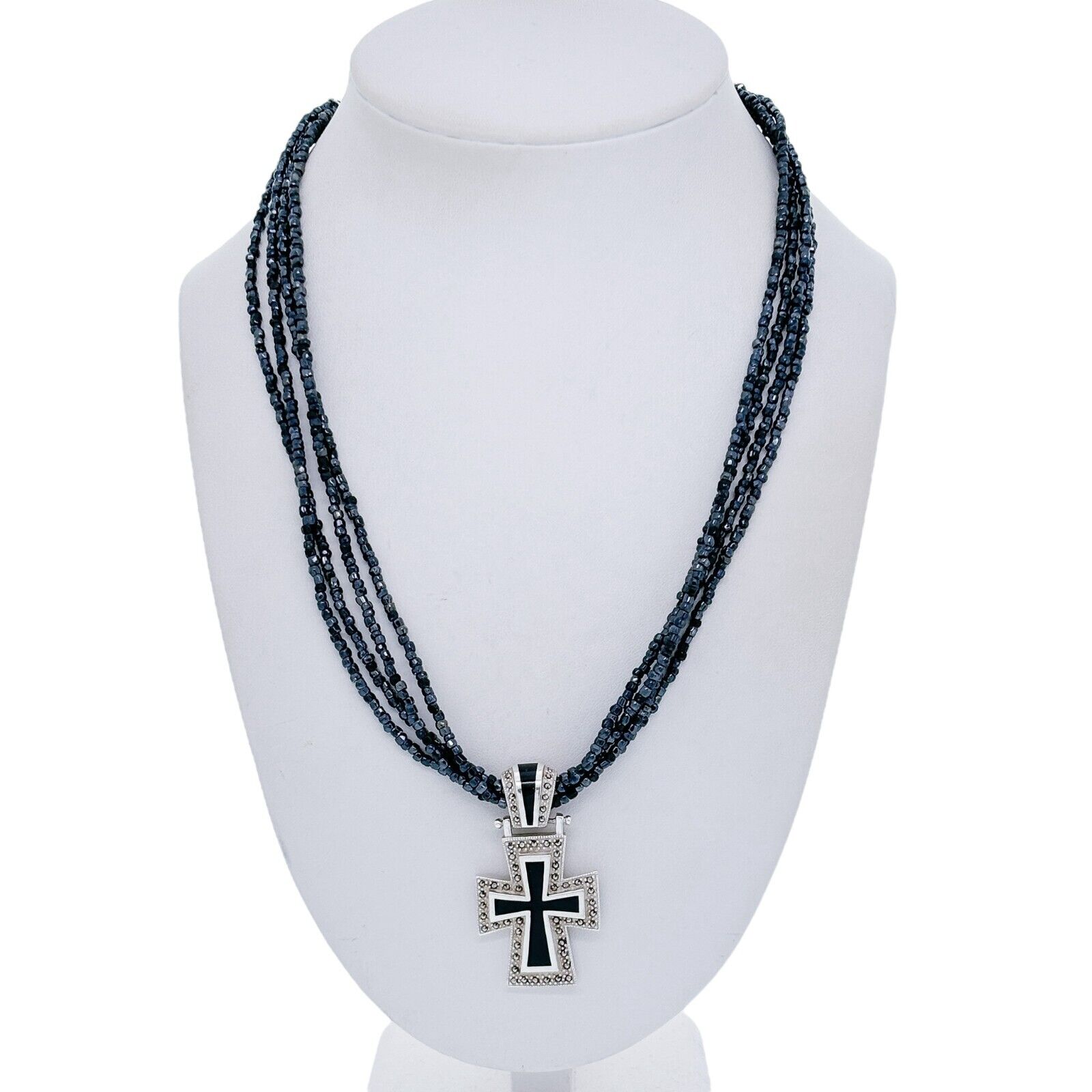 Vintage Sterling Silver 925 4 Strand Black Onyx Marcasite Cross Necklace 16 -19