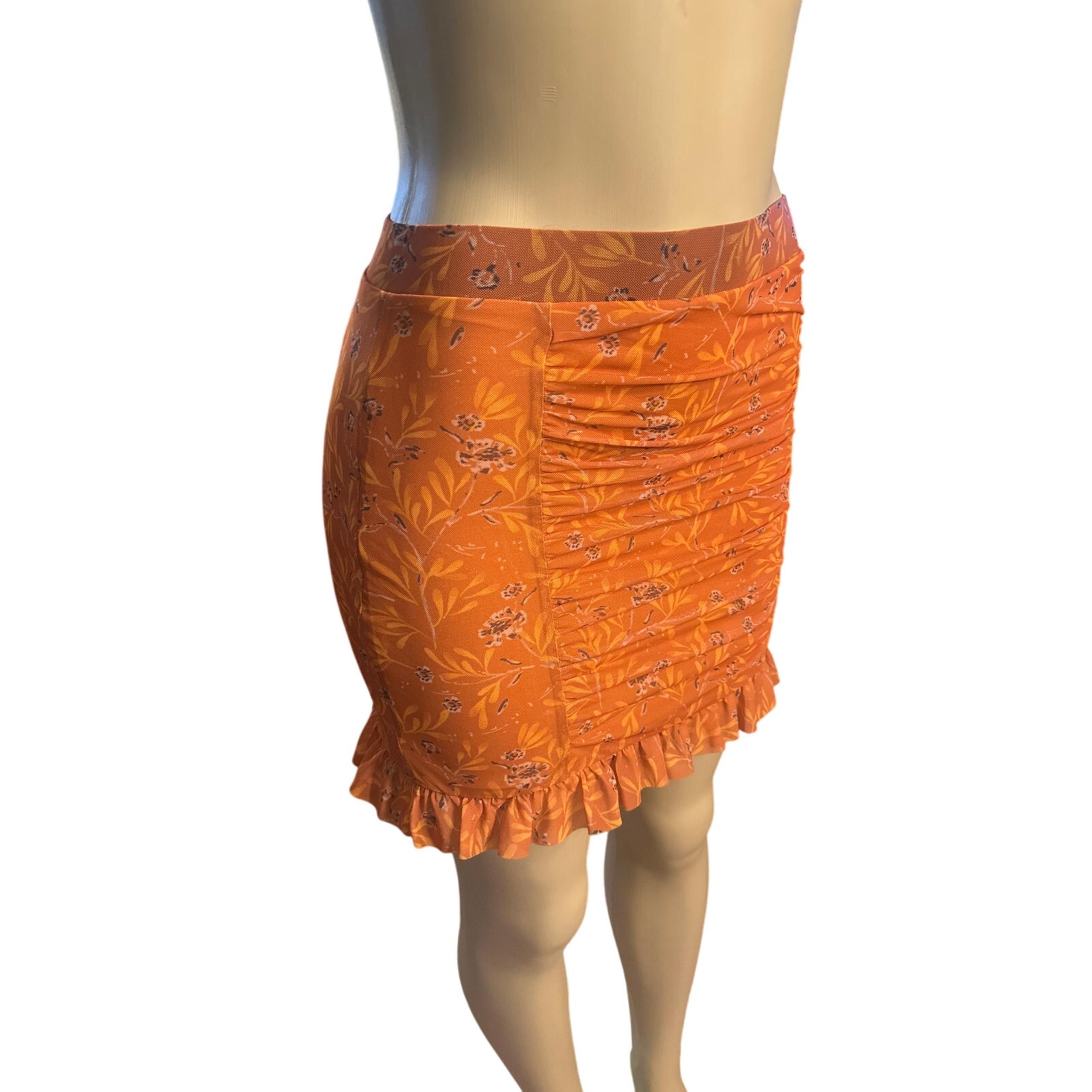 Women XS Free People Romi Mesh Ruffle Mini Skirt Rust Floral Print Orange