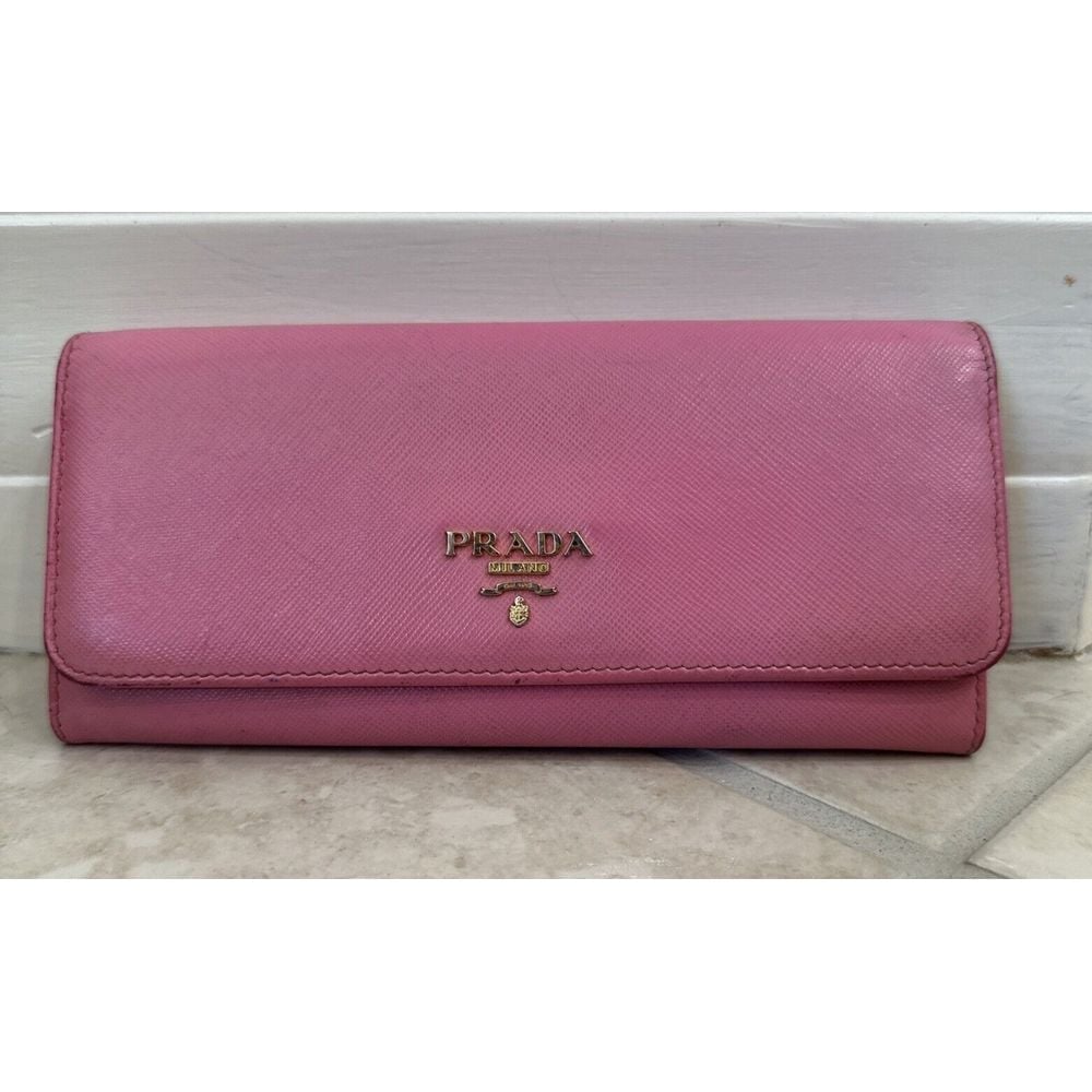 Prada Saffiano Leather Pink Bicolor Wallet Rare Find Gold Plated Logo