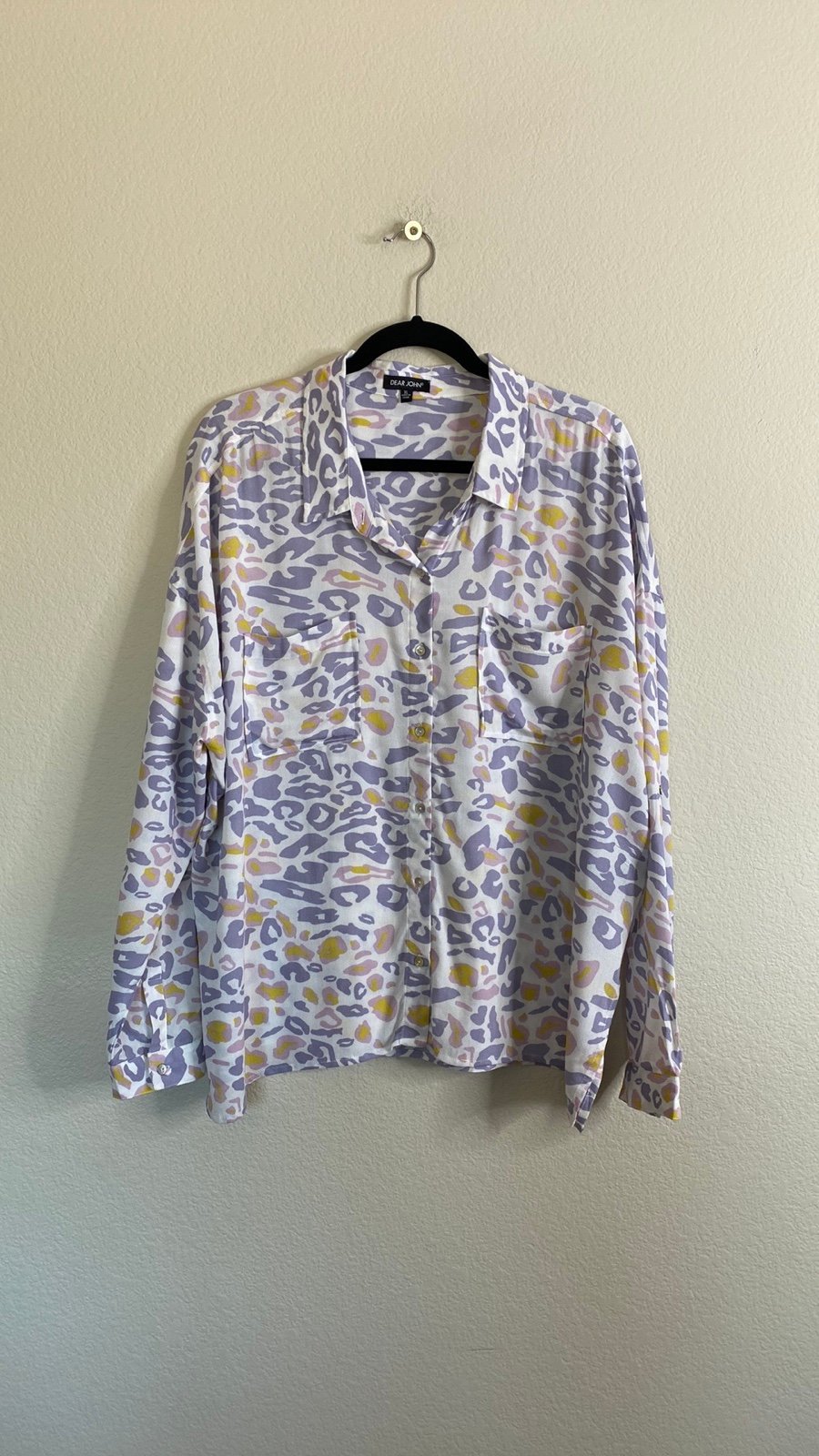 Dear John button-down blouse long sleeve purple leopard print extra large