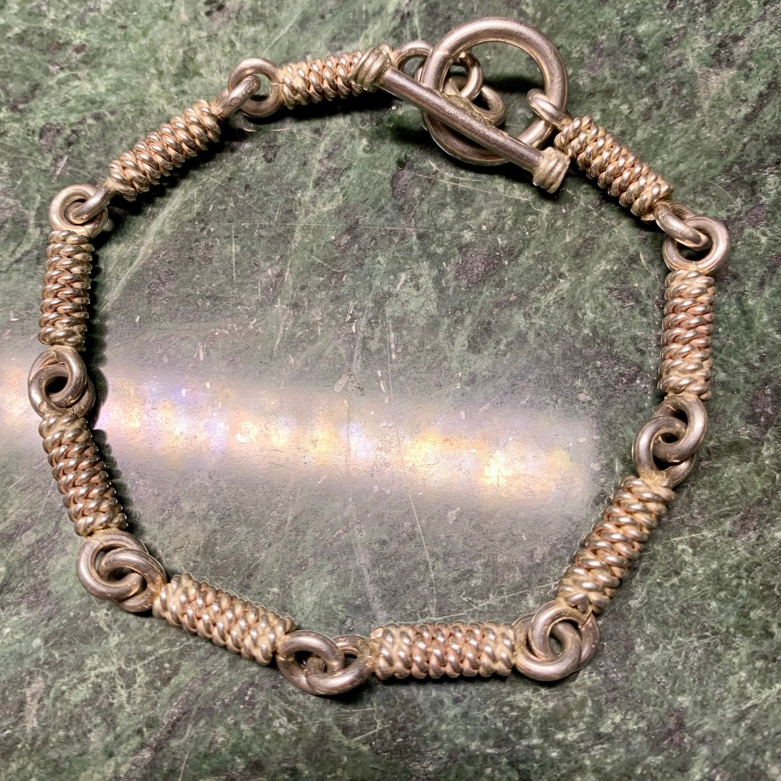Coiled Rope Link Sterling Silver Bracelet Toggle Closure 9”