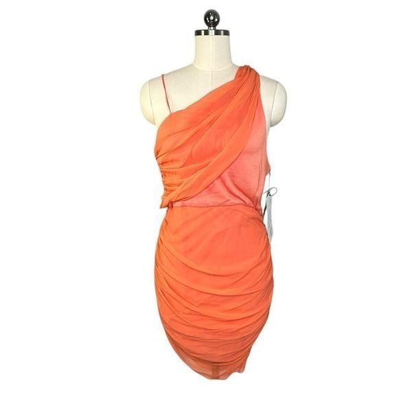 Alice + Olivia Silk Coral One Shoulder Draped Mini Dress | Size L