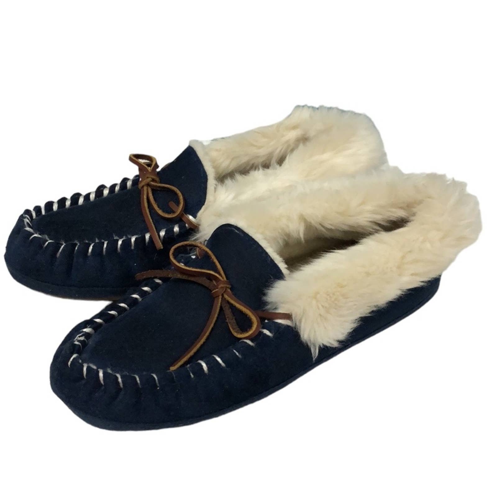 Saks Fifth Avenue navy blue faux fur lined slip on slippers women’s size 7-8
