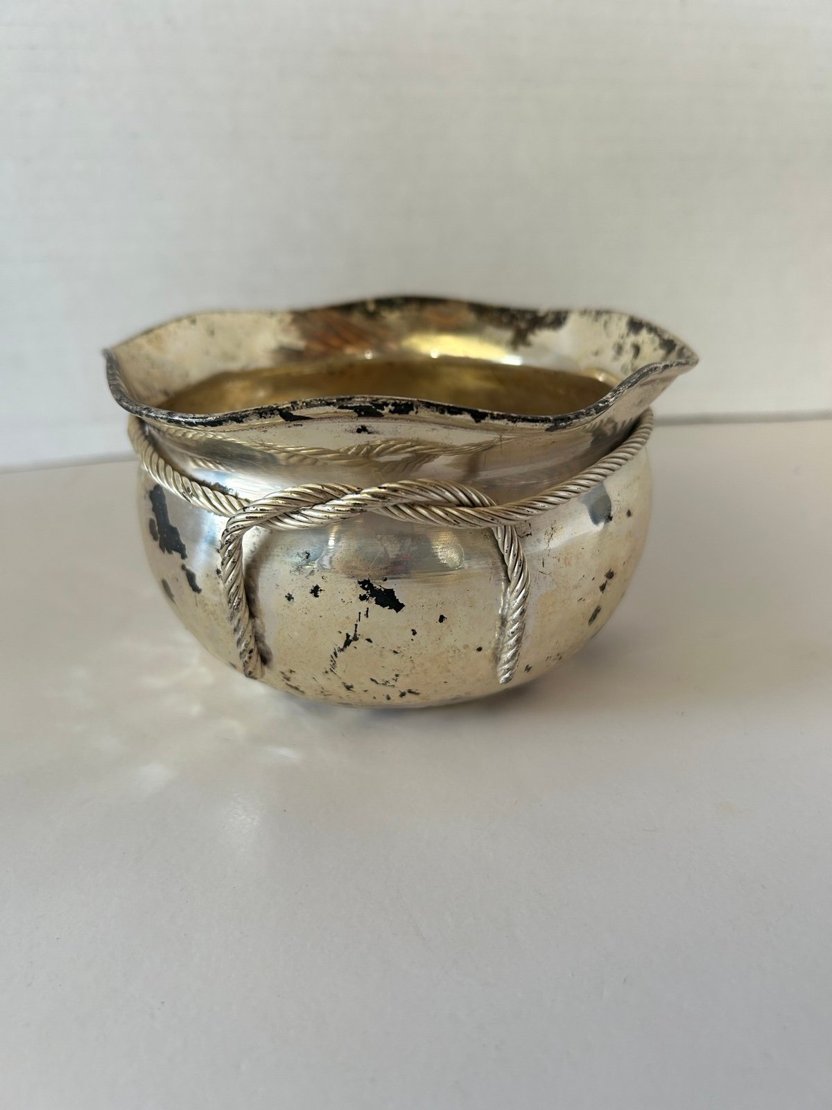 Antique Silver Washed Brass Peen Bowl Cinch Coin Purse Rope Design Money Sack