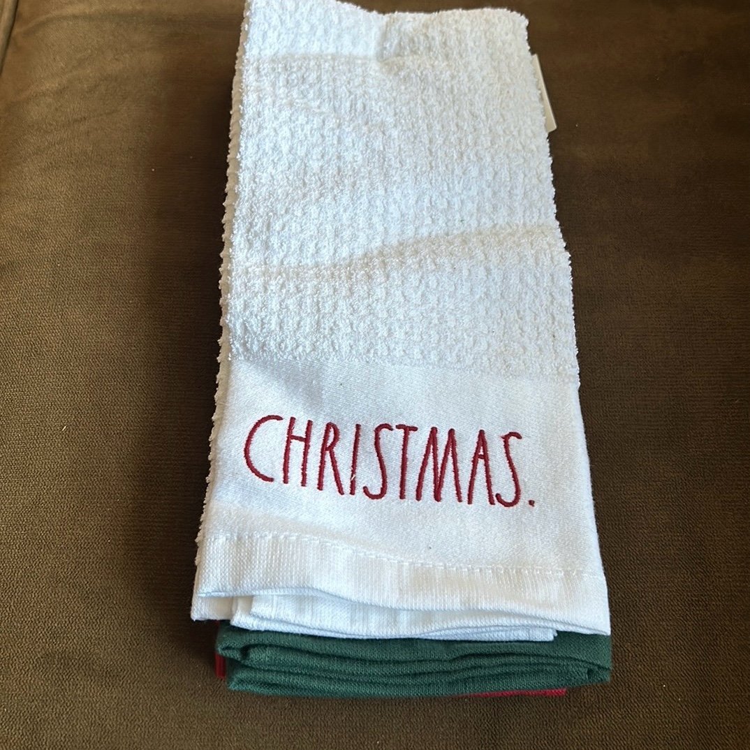 Rae Dunn Christmas Holly Jolly Kitchen Towels Set of 3 Embroidered