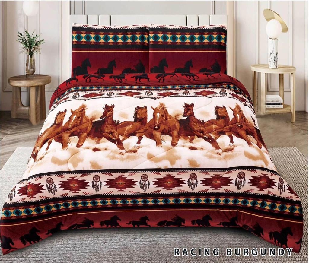 New Queen 3Pc Southwest Native Horses Design Plush Quality Sherpa Blanket Set