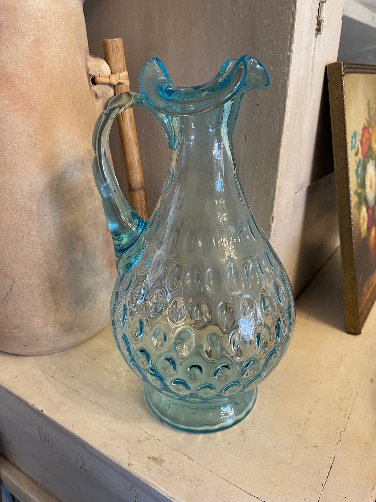 Vintage Fenton Optic Coun Dot Blue Glass Pitcher/Decanter