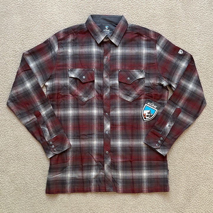 KUHL Lowdown Long Sleeve Flannel Shirt Medium Western Snaps Russet Gray Red NWT