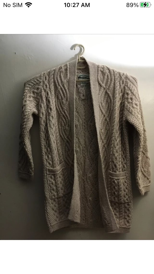 Women’s Aran Crafts Open Front Cardigan Sweater Size Med Beige 100% Merino Wool