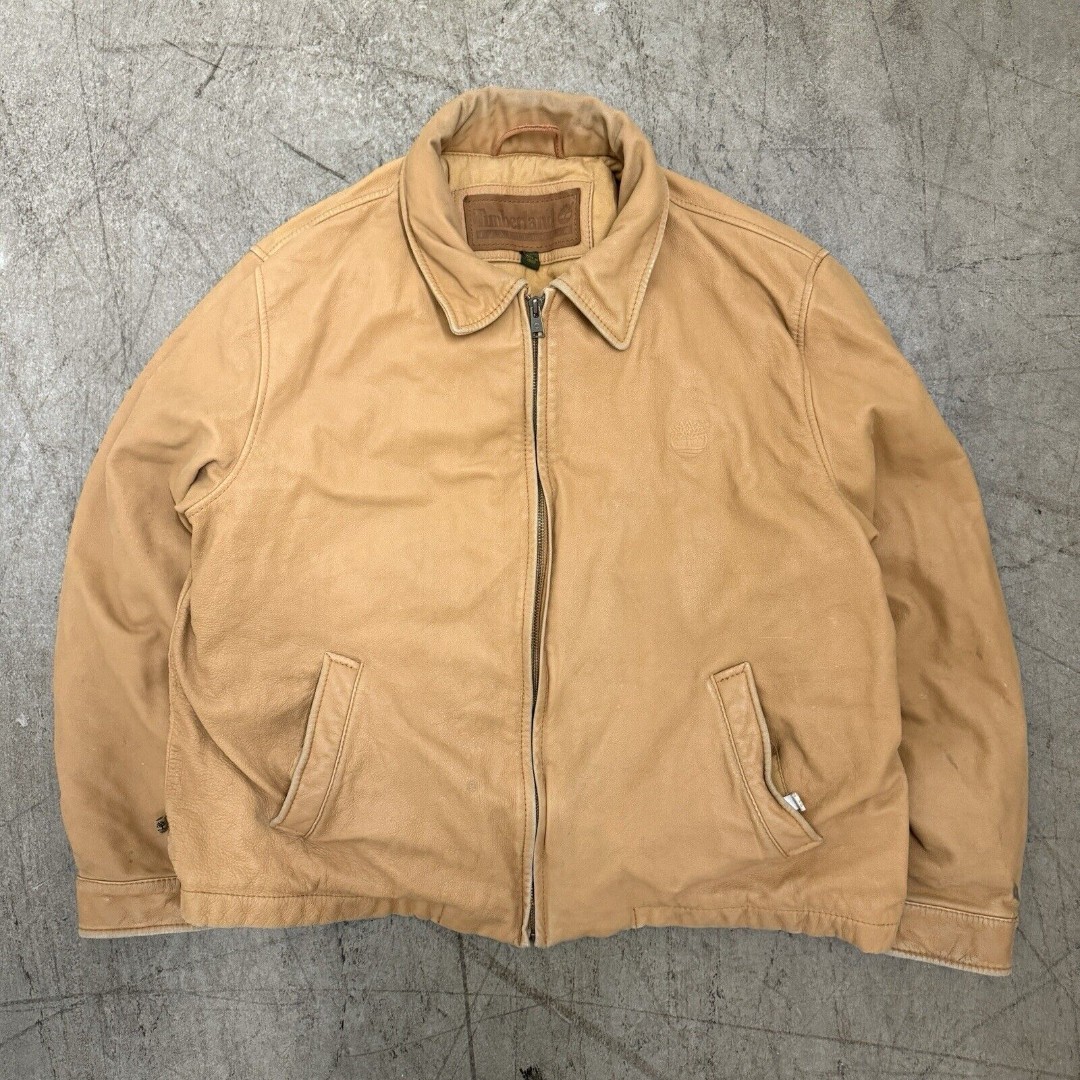 Vintage Timberland Mens Med Genuine Cowhide Leather zip up work jacket Wheat