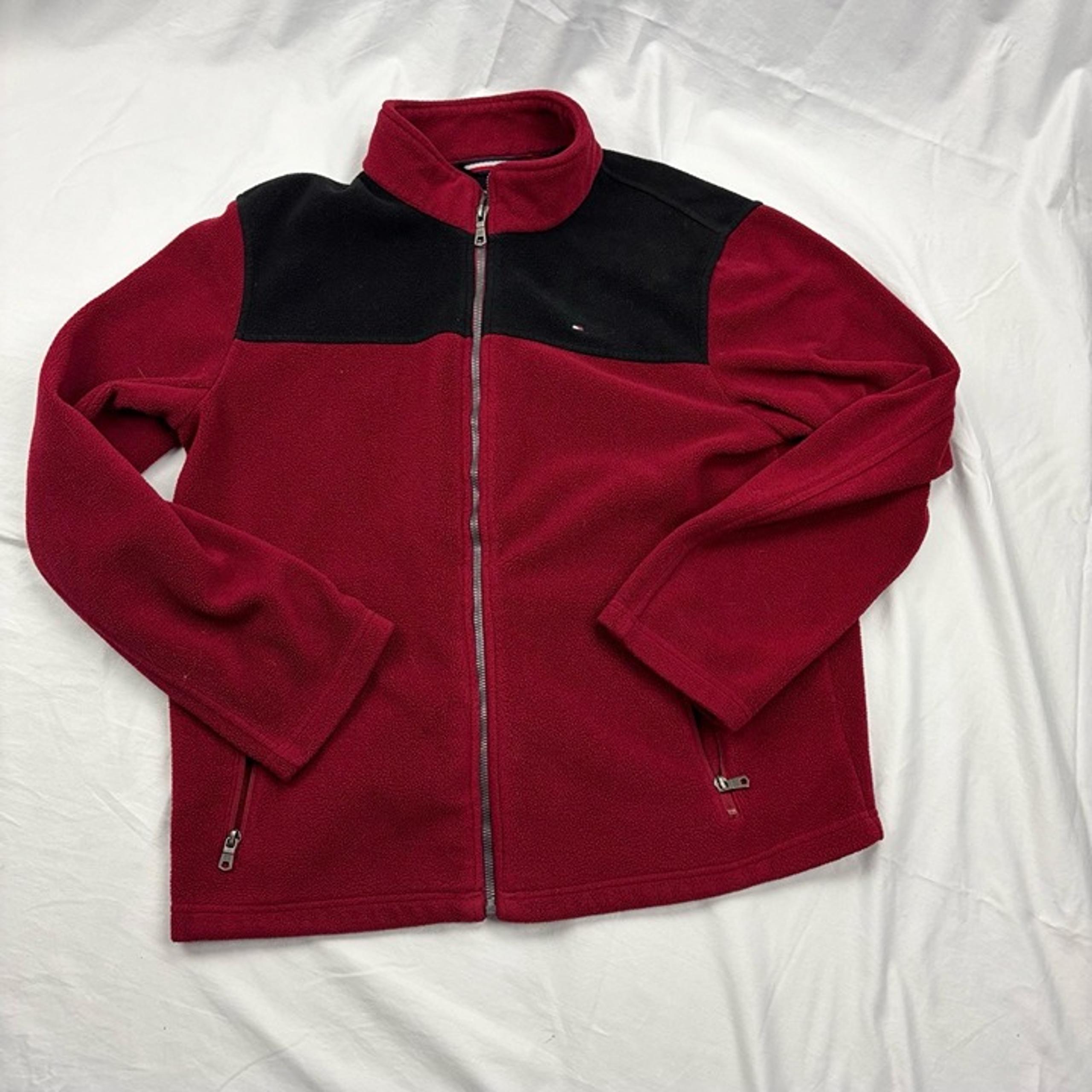 Men's M Tommy Hilfiger Fleece Jacket Red Black Full Zip Stand Collar Zip Pockets