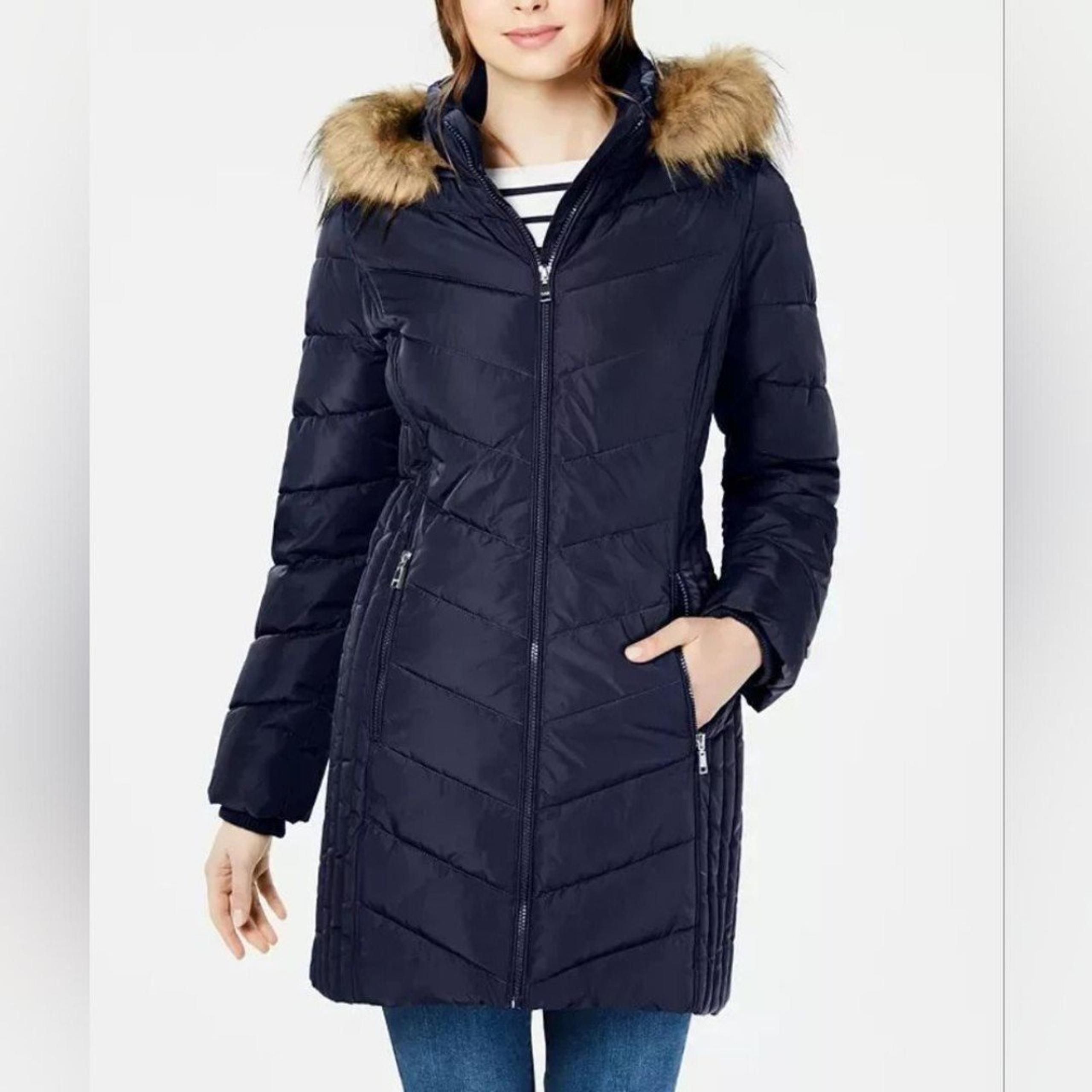 Tommy Hilfiger navy blue puffer parka trench coat winter faux fur hood S