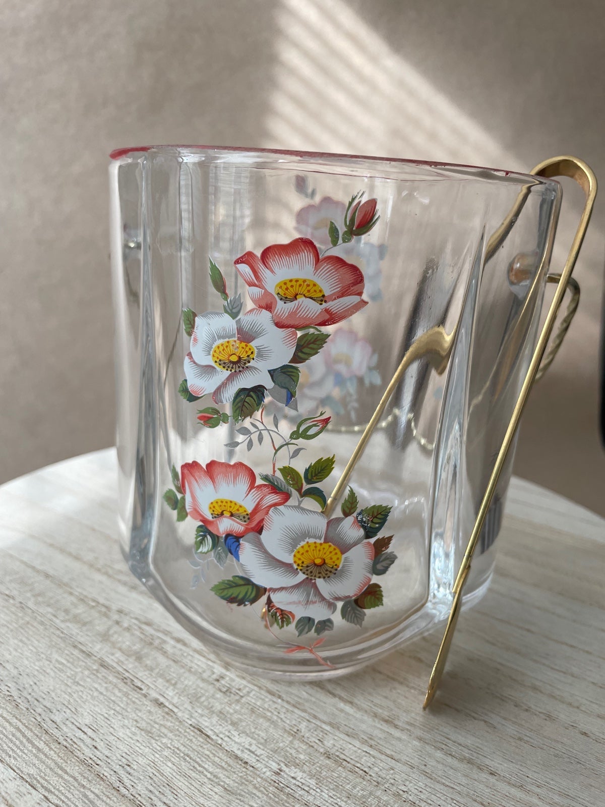Vintage Glass Floral Ice Bucket with Tongs