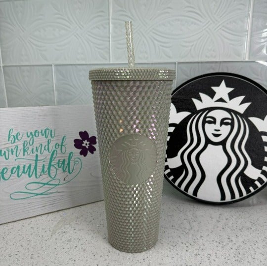 Starbucks Iridescent Mirror Rice Beige Studded Bling Tumbler 24oz - Taiwan