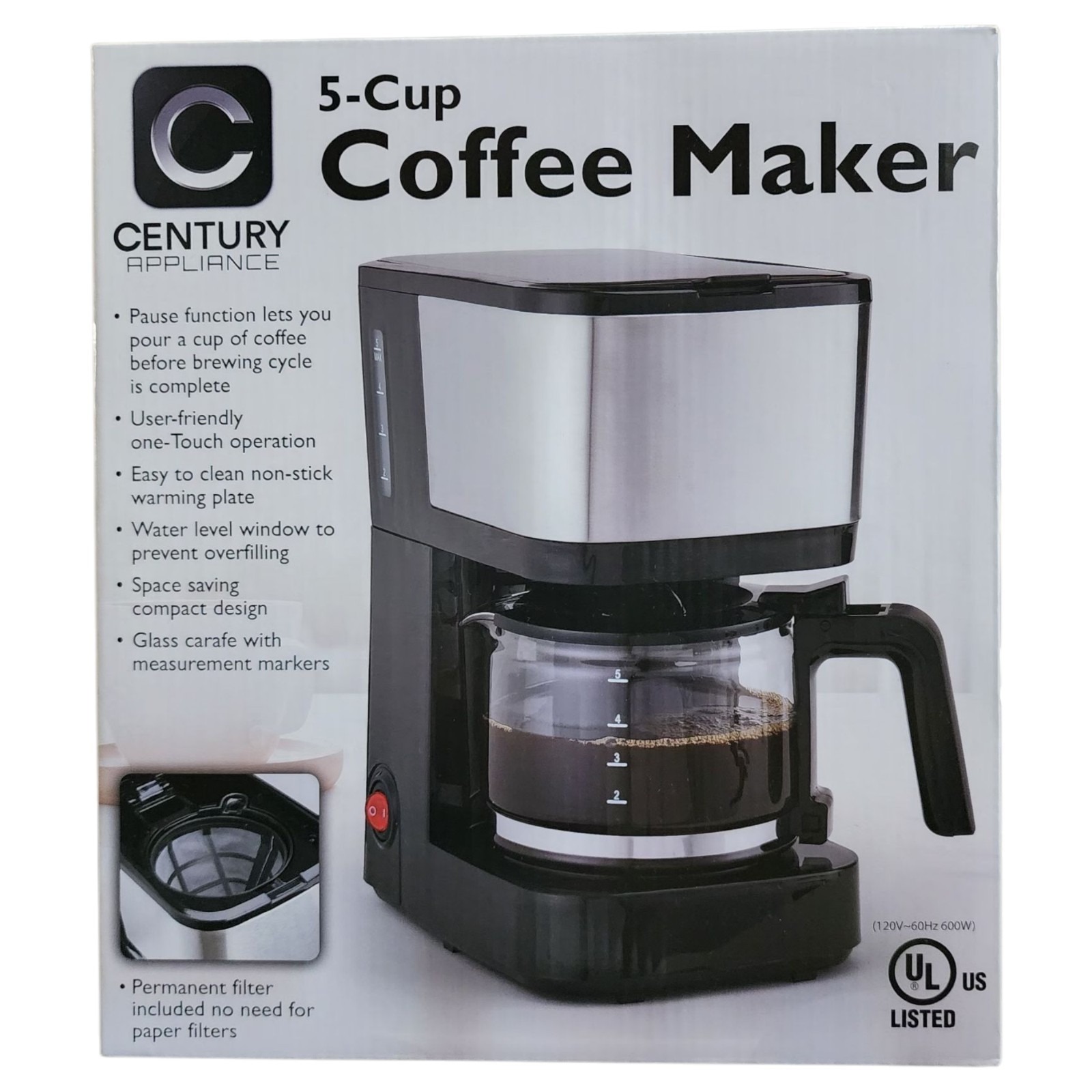 Century Appliance 5 Cup Drip Coffee Maker Filter Included No Need Paper Filters