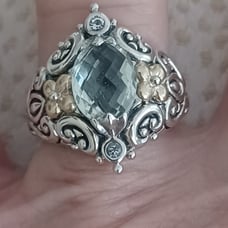 Rare BARBARA BIXBY -STERLING & 18 KT. GREEN QUARTZ TOPAZ STONE& WHITE TOPAZ RING
