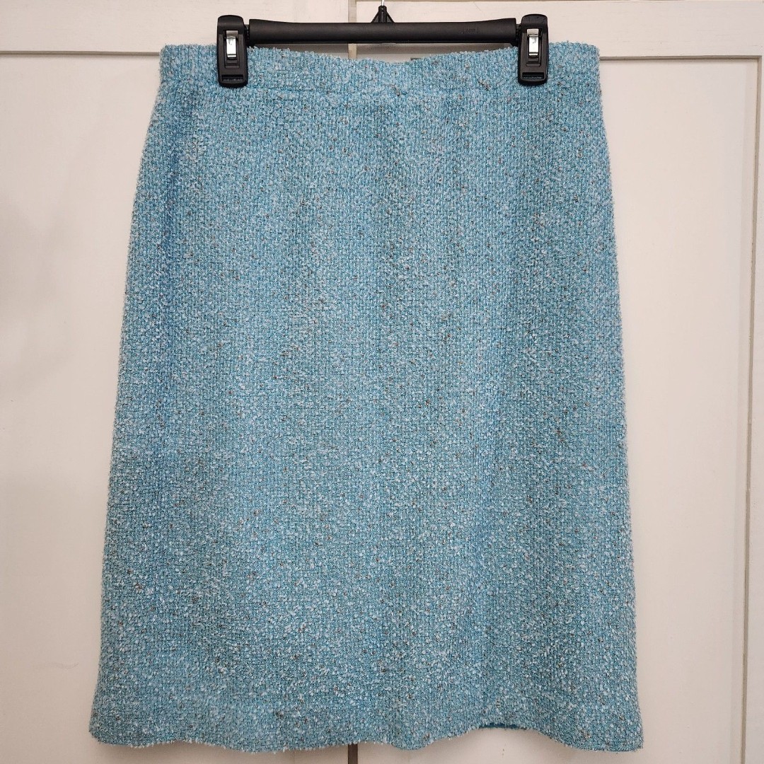 St John Couture Powder Blue Boucle Straight Pencil Skirt Elastic Waist Size 12