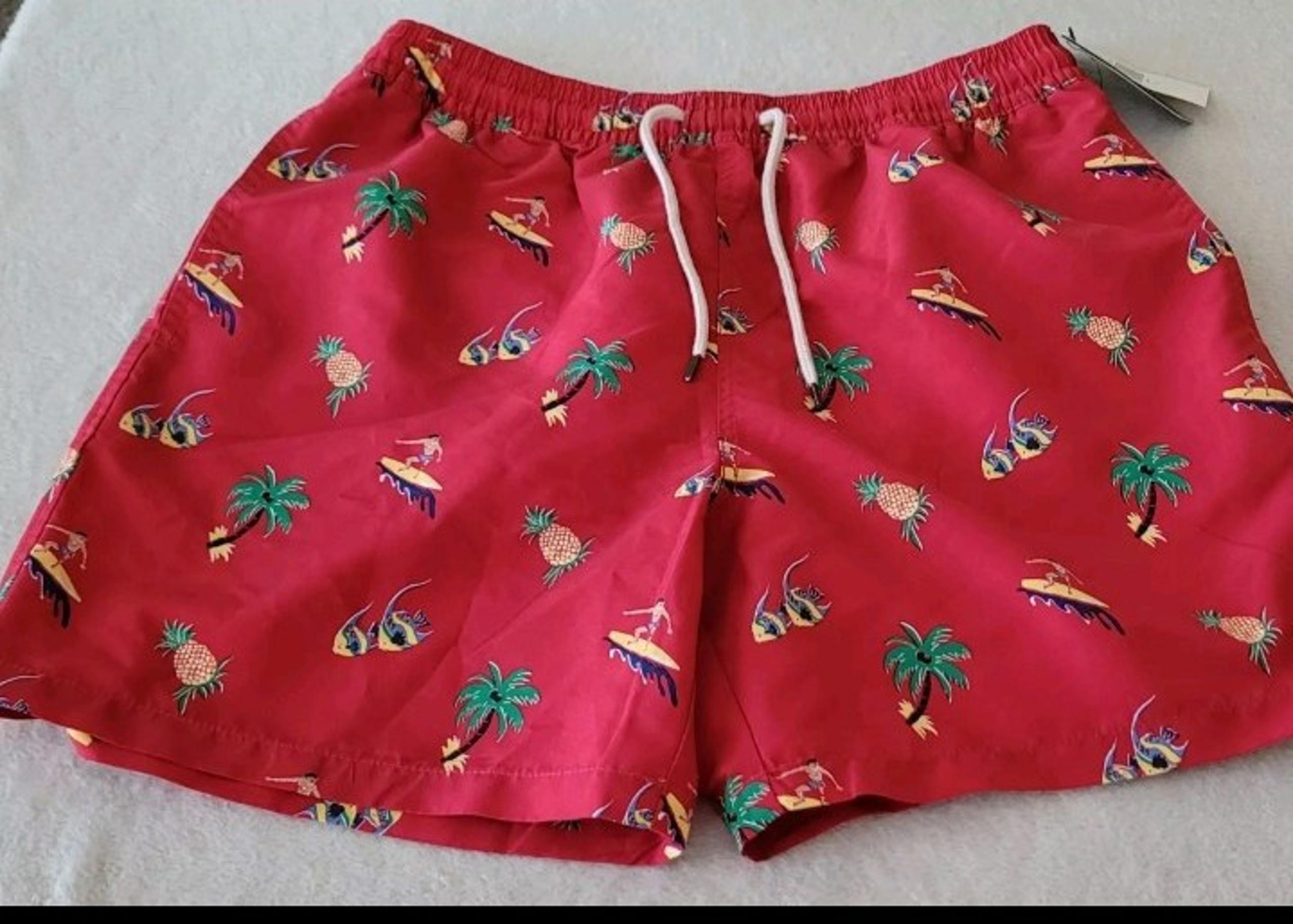 Ralph Lauren Polo Sport Mesh Lined Swim Trunks Hawaiian Red Surf Shorts Men's L