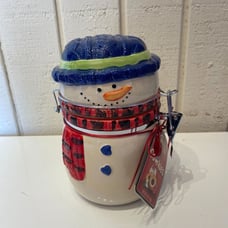 White Blue Snowman Christmas Winter Holiday Candy Treat Ceramic Cookie Jar 2012