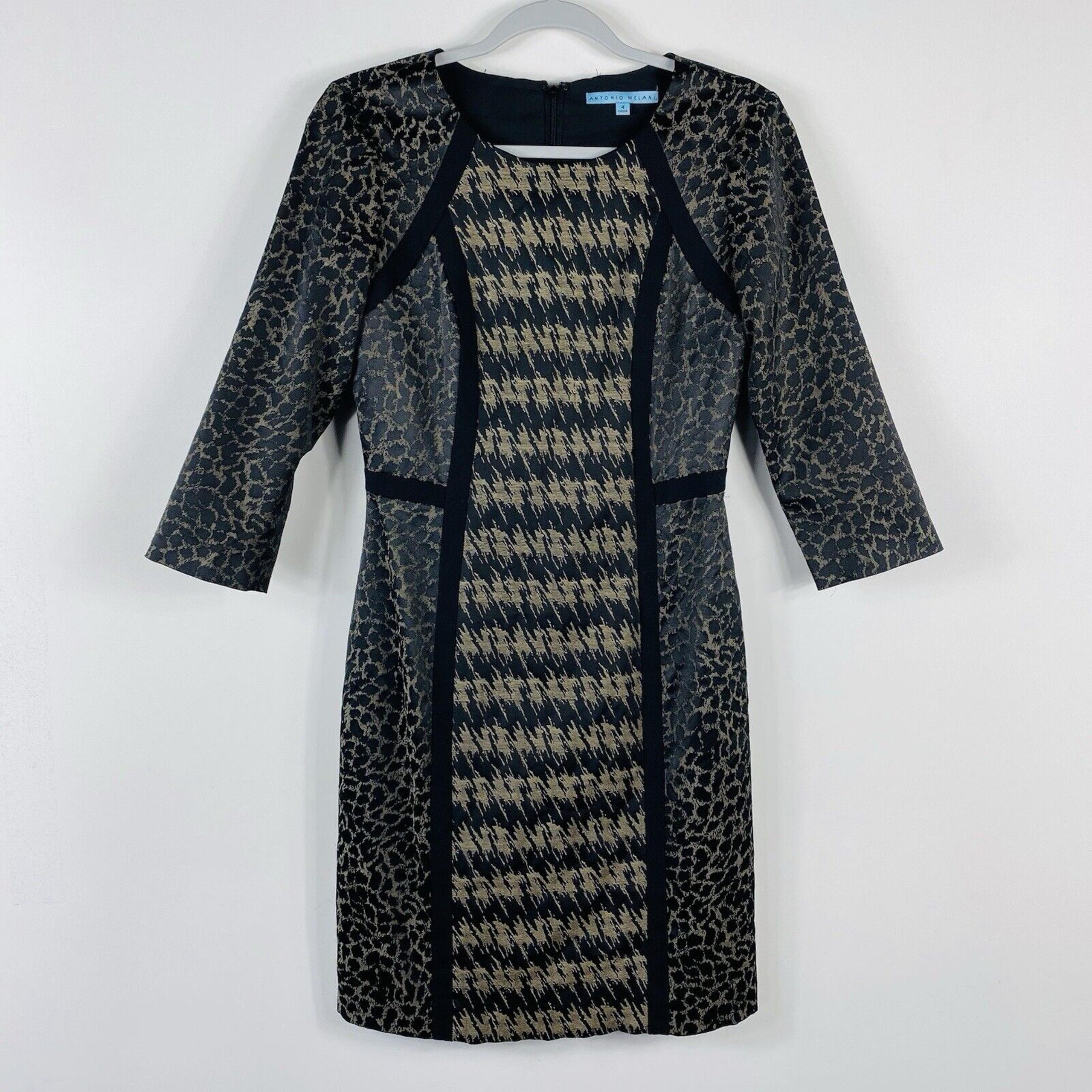 Antonio Melani Size 4 Houndstooth 3/4 Sleeve Sleeve Sheath Dress Black Tan